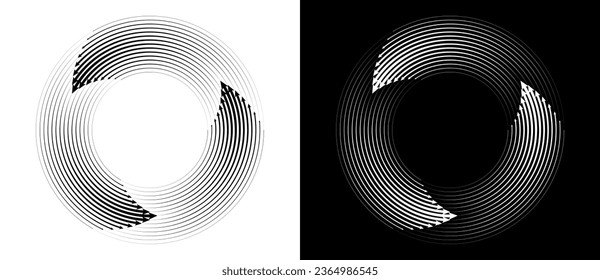 Abstract background with lines in circle. Art design spiral as logo or icon. A black figure on a white background and an equally white figure on the black side.