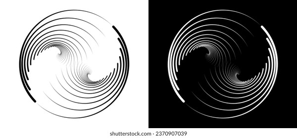 Abstract background with lines in circle. Art design spiral as logo or icon. A black figure on a white background and an equally white figure on the black side.