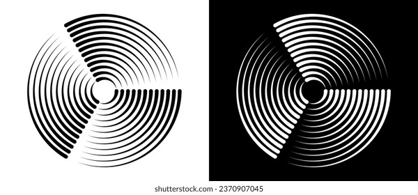 Fondo abstracto con líneas en círculo. Espiral de diseño artístico como logotipo o icono. Una figura negra en un fondo blanco y una figura igualmente blanca en el lado negro.