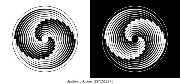 Abstract background with lines in circle. Art design spiral as logo or icon. A black figure on a white background and an equally white figure on the black side.