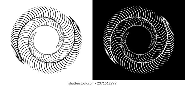 Abstract background with lines in circle. Art design spiral as logo or icon. A black figure on a white background and an equally white figure on the black side.