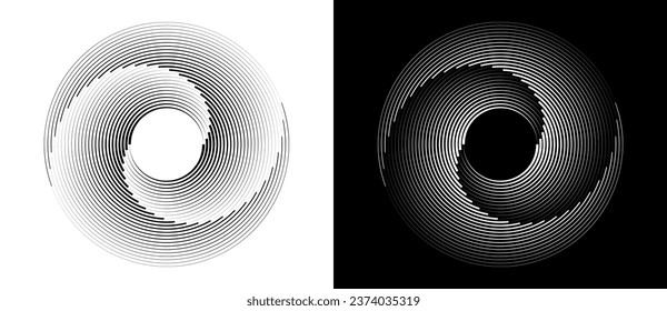 Abstract background with lines in circle. Art design spiral as logo or icon. A black figure on a white background and an equally white figure on the black side.