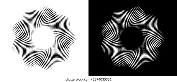 Abstract background with lines in circle. Art design spiral as logo or icon. A black figure on a white background and an equally white figure on the black side.