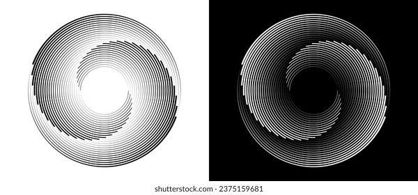 Fondo abstracto con líneas en círculo. Espiral de diseño artístico como logotipo o icono. Una figura negra en un fondo blanco y una figura igualmente blanca en el lado negro.