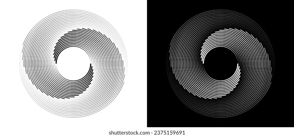 Fondo abstracto con líneas en círculo. Espiral de diseño artístico como logotipo o icono. Una figura negra en un fondo blanco y una figura igualmente blanca en el lado negro.