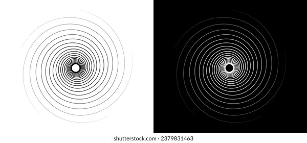 Fondo abstracto con líneas en círculo. Espiral de diseño artístico como logotipo o icono. Una figura negra en un fondo blanco y una figura igualmente blanca en el lado negro.