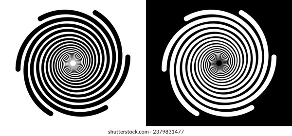 Fondo abstracto con líneas en círculo. Espiral de diseño artístico como logotipo o icono. Una figura negra en un fondo blanco y una figura igualmente blanca en el lado negro.