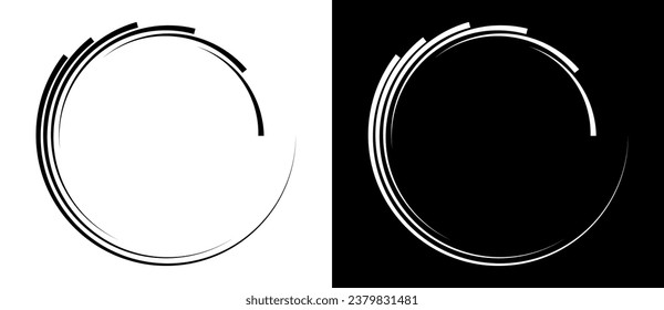 Abstrakter Hintergrund mit Linien im Kreis. Kunstdesign-Spirale als Logo oder Symbol. Eine schwarze Figur auf weißem Hintergrund und eine gleich weiße Figur auf schwarzer Seite.