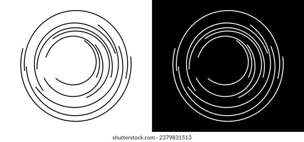 Abstrakter Hintergrund mit Linien im Kreis. Kunstdesign-Spirale als Logo oder Symbol. Eine schwarze Figur auf weißem Hintergrund und eine gleich weiße Figur auf schwarzer Seite.