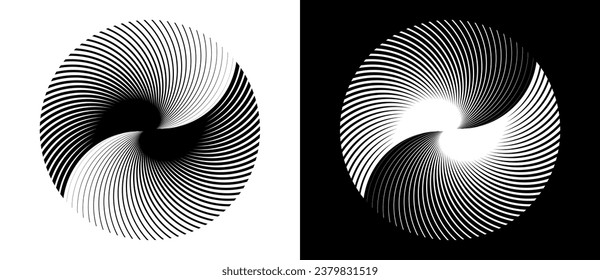 Abstract background with lines in circle. Art design spiral as logo or icon. A black figure on a white background and an equally white figure on the black side.