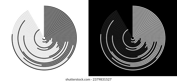 Abstract background with lines in circle. Art design spiral as logo or icon. A black figure on a white background and an equally white figure on the black side.