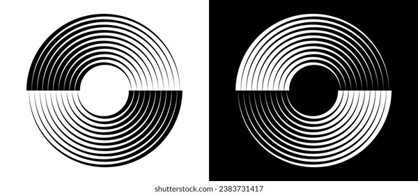 Abstract background with lines in circle. Art design spiral as logo or icon. A black figure on a white background and an equally white figure on the black side.