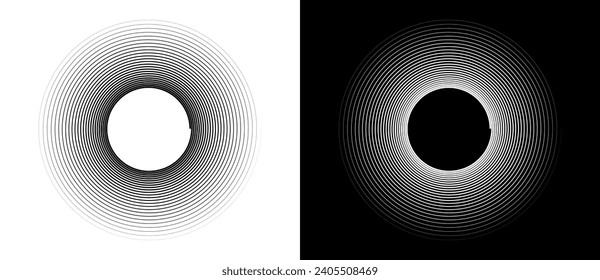 Fondo abstracto con líneas en círculo. Espiral de diseño artístico como logotipo o icono. Una figura negra en un fondo blanco y una figura igualmente blanca en el lado negro.