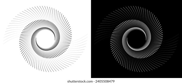 Fondo abstracto con líneas en círculo. Espiral de diseño artístico como logotipo o icono. Una figura negra en un fondo blanco y una figura igualmente blanca en el lado negro.