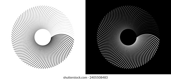 Abstract background with lines in circle. Art design spiral as logo or icon. A black figure on a white background and an equally white figure on the black side.