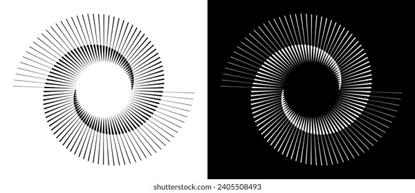 Fondo abstracto con líneas en círculo. Espiral de diseño artístico como logotipo o icono. Una figura negra en un fondo blanco y una figura igualmente blanca en el lado negro.