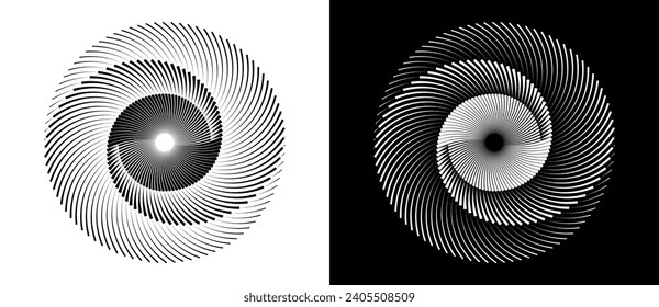 Abstract background with lines in circle. Art design spiral as logo or icon. A black figure on a white background and an equally white figure on the black side.