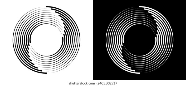 Fondo abstracto con líneas en círculo. Espiral de diseño artístico como logotipo o icono. Una figura negra en un fondo blanco y una figura igualmente blanca en el lado negro.