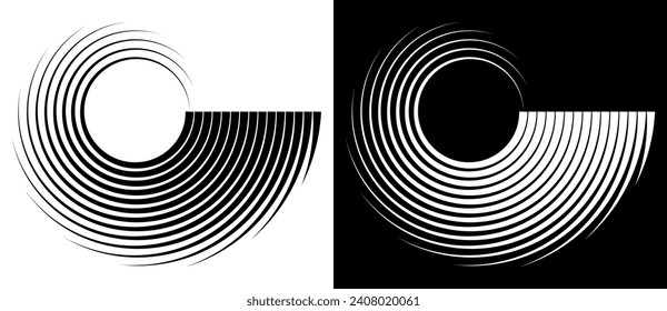 Abstract background with lines in circle. Art design spiral as logo or icon. A black figure on a white background and an equally white figure on the black side.