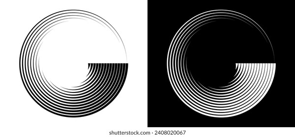 Abstract background with lines in circle. Art design spiral as logo or icon. A black figure on a white background and an equally white figure on the black side.