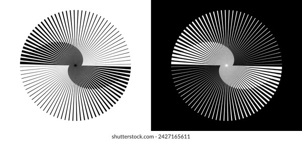 Abstract background with lines in circle. Art design spiral as logo or icon. A black figure on a white background and an equally white figure on the black side.