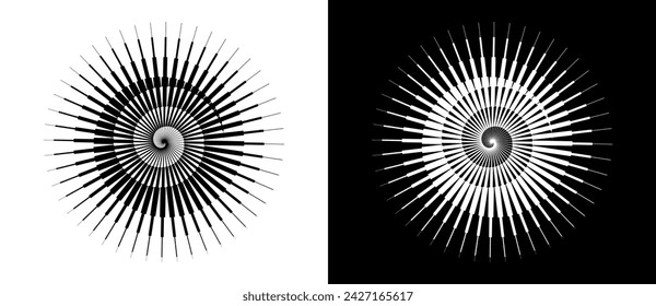 Abstract background with lines in circle. Art design spiral as logo or icon. A black figure on a white background and an equally white figure on the black side.