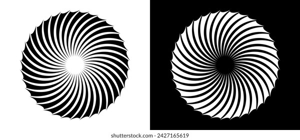 Abstract background with lines in circle. Art design spiral as logo or icon. A black figure on a white background and an equally white figure on the black side.