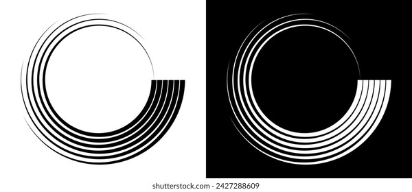 Fondo abstracto con líneas en círculo. Espiral de diseño de arte como logotipo o icono. Una figura negra sobre fondo blanco y una figura igualmente blanca en el lado negro.