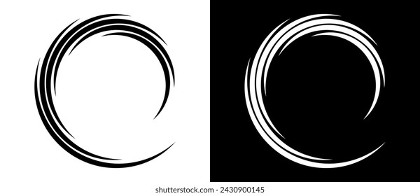 Fondo abstracto con líneas en círculo. Espiral de diseño de arte como logotipo o icono. Una figura negra sobre fondo blanco y una figura igualmente blanca en el lado negro.