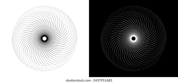 Fondo abstracto con líneas en círculo. Espiral de diseño de arte como logotipo o icono. Una figura negra sobre fondo blanco y una figura igualmente blanca en el lado negro.