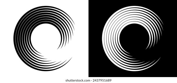 Fondo abstracto con líneas en círculo. Espiral de diseño de arte como logotipo o icono. Una figura negra sobre fondo blanco y una figura igualmente blanca en el lado negro.