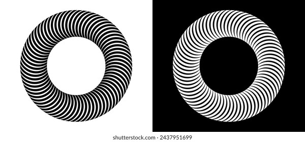 Fondo abstracto con líneas en círculo. Espiral de diseño de arte como logotipo o icono. Una figura negra sobre fondo blanco y una figura igualmente blanca en el lado negro.