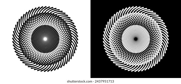 Abstract background with lines in circle. Art design spiral as logo or icon. A black figure on a white background and an equally white figure on the black side.