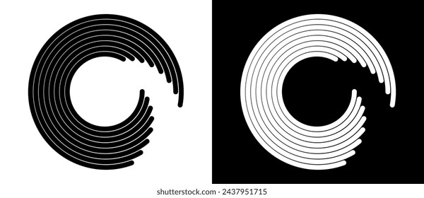 Abstrakter Hintergrund mit kreisförmigen Linien. Art Design Spirale als Logo oder Ikone. Eine schwarze Figur auf weißem Hintergrund und eine ebenso weiße Figur auf schwarzer Seite.
