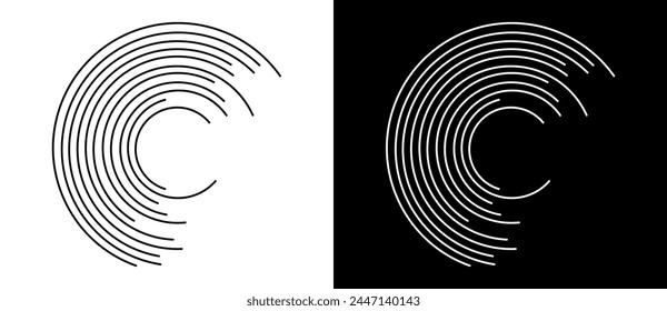 Fondo Abstractas con líneas en círculo. Logo o icono de diseño de arte. Una figura negra sobre fondo blanco y una figura igualmente blanca en el lado negro.