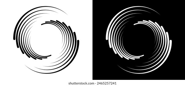 Fondo Abstractas con líneas en círculo. Espiral de diseño de arte como logotipo o icono. Una figura negra sobre fondo blanco y una figura igualmente blanca en el lado negro.