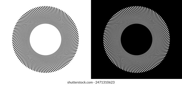 Fondo Abstractas con líneas en círculo. Espiral de diseño de arte como logotipo o icono. Una figura negra sobre fondo blanco y una figura igualmente blanca en el lado negro.