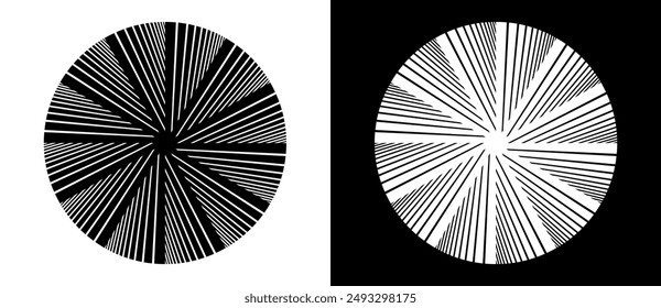Fondo Abstractas con líneas en círculo. Concepto de círculo de diseño de arte con 12 segmentos. Líneas negras sobre fondo blanco y líneas blancas sobre lado negro.