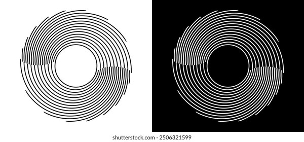 Abstract background with lines in circle. Art design spiral as logo or icon. A black figure on a white background and an equally white figure on the black side.