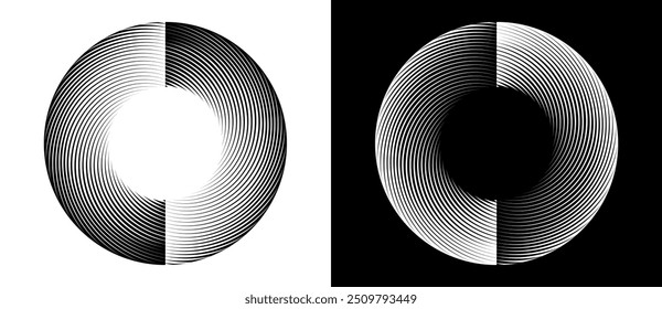 Abstract background with lines in circle. Art design spiral as logo or icon. A black figure on a white background and an equally white figure on the black side.