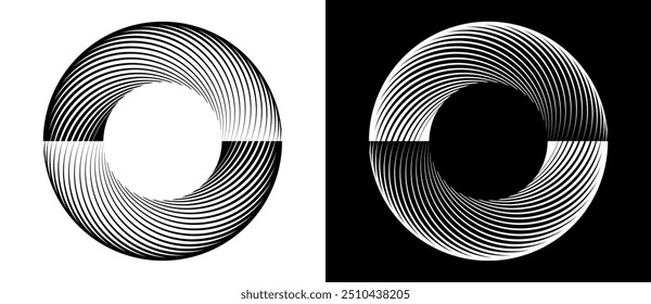 Fundo abstrato com linhas em círculo. Espiral de design de arte como logotipo ou ícone. Uma figura preta sobre um fundo branco e uma figura igualmente branca no lado preto.
