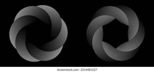 Fondo Abstractas con líneas en círculo. Espiral de diseño de arte como logotipo o icono. Una figura negra sobre un fondo blanco y una figura igualmente blanca en el lado negro.