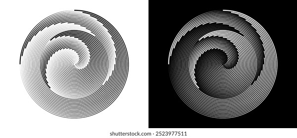 Abstract background with lines in circle. Art design spiral as logo or icon. A black figure on a white background and an equally white figure on the black side.