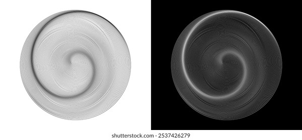 Abstract background with lines in circle. Art design spiral as logo or icon. A black figure on a white background and an equally white figure on the black side.