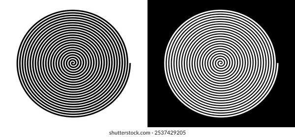 Fundo abstrato com linhas em círculo. Espiral de design de arte como logotipo ou ícone. Uma figura preta sobre um fundo branco e uma figura igualmente branca no lado preto.