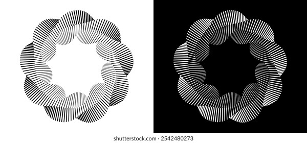 Fundo abstrato com linhas em círculo. Espiral de design de arte como logotipo ou ícone. Uma figura preta sobre um fundo branco e uma figura igualmente branca no lado preto.