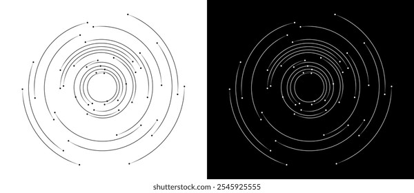 Fondo Abstractas con líneas en círculo. Espiral de diseño de arte como logotipo o icono. Una figura negra sobre un fondo blanco y una figura igualmente blanca en el lado negro.