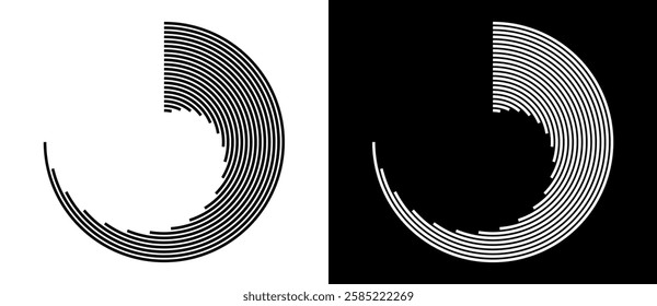 Abstract background with lines in circle. Art design spiral as logo or icon. A black figure on a white background and an equally white figure on the black side.