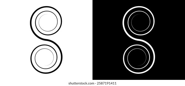 Abstract background with lines in circle. Art design spiral as logo or icon, letter S concept. A black figure on a white background and an equally white figure on the black side.