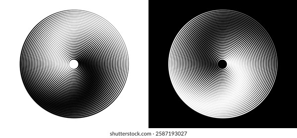Abstract background with lines in circle. Art design spiral as logo or icon. A black figure on a white background and an equally white figure on the black side.